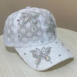 Gorra de béisbol con encaje de flores pequeñas, gorro con diamantes de imitación de mariposa, lengua de pato, red transpirable de alto grado, sombrilla, sombrero para el sol