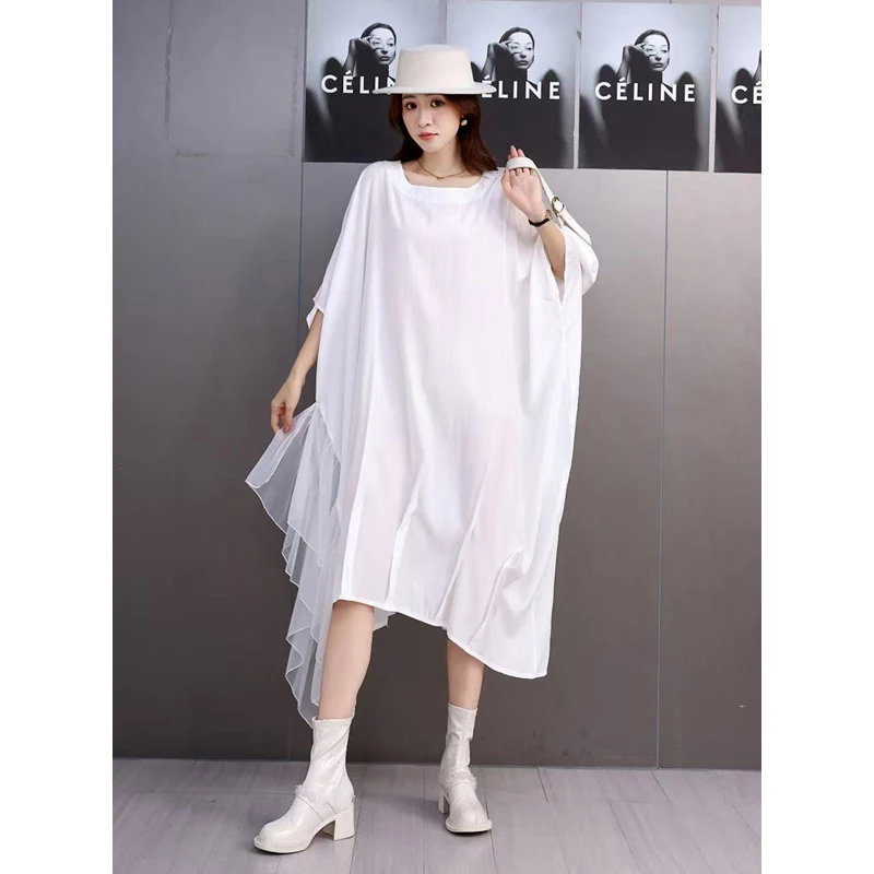 

2025 Spring Summer Fashion Elegant Irregular Splicing Loose Long Dresses Women Short Sleeve Dress Ladies Wholesale J1131