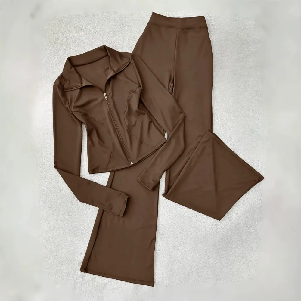Damen Einfarbiger Freizeitanzug, Zweiteiliges Set für Frühling und Herbst, Stehkragen, Reißverschluss, Langarm-Slim-Top, Weite Hose