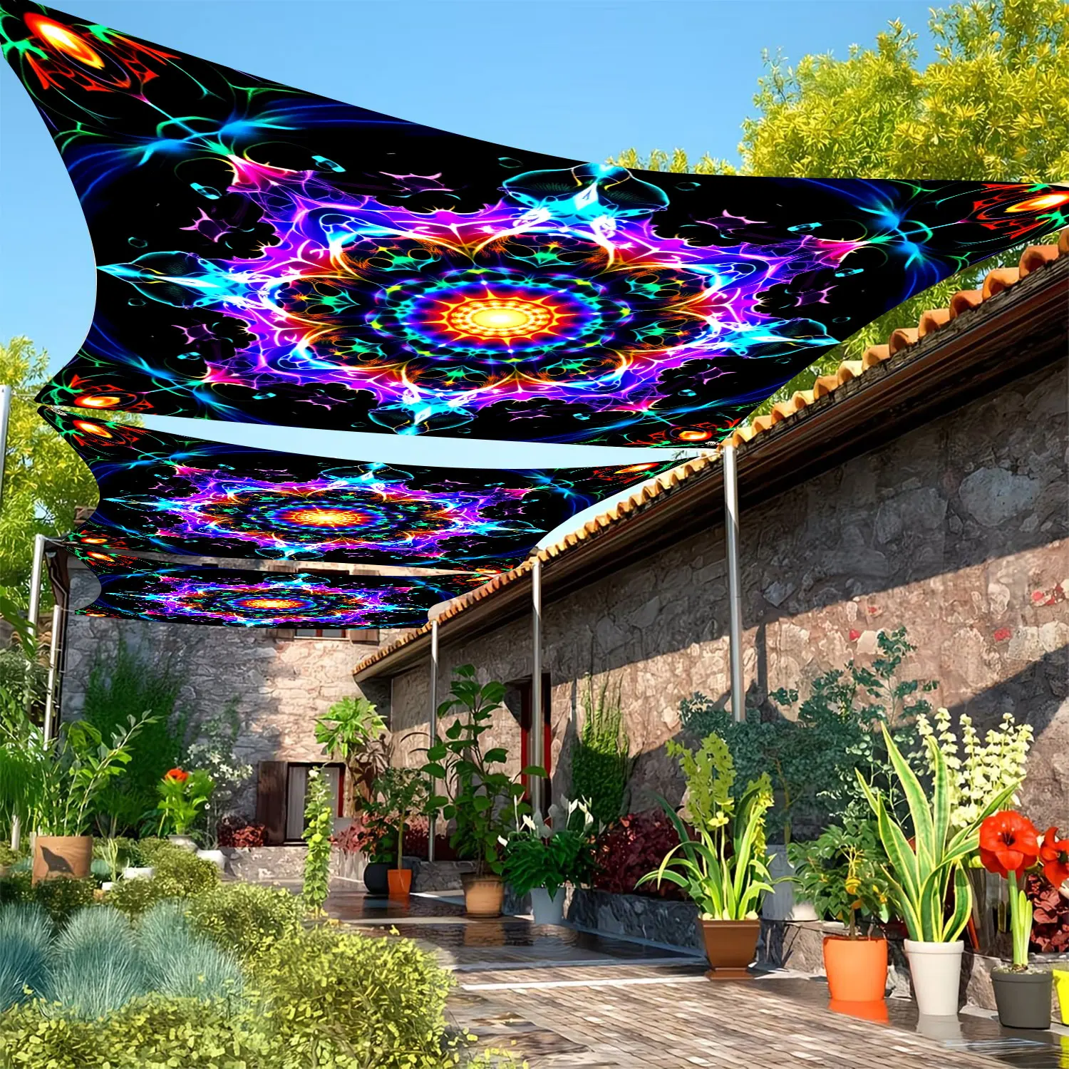 1 Piece Vibrant Digital Mandala Awning Featuring a Glowing Core and a Kaleidoscopic Neon Pattern with Fractal Geometry Design