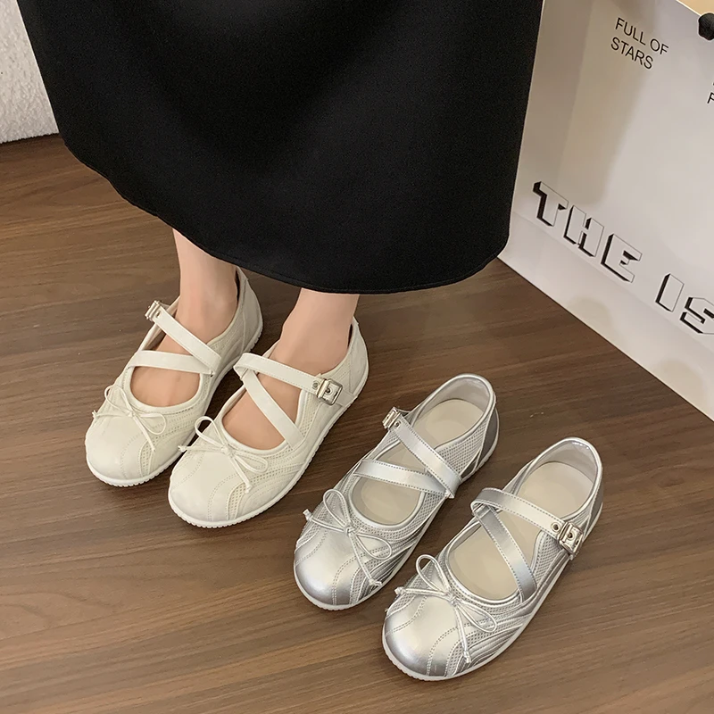 

2026 New French Square Toe Breathable Single Shoes Women Silver Bow Flat Mary Jane Flats