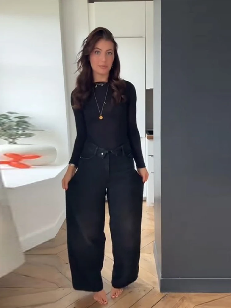 女性&男性 ミッドウエスト ブラック ジーンズ ファッション 折りたたみウエストバンド ワイドレッグ デニムパンツ ヴィンテージ ダーク カジュアル ハイストリート デイリーパンツ