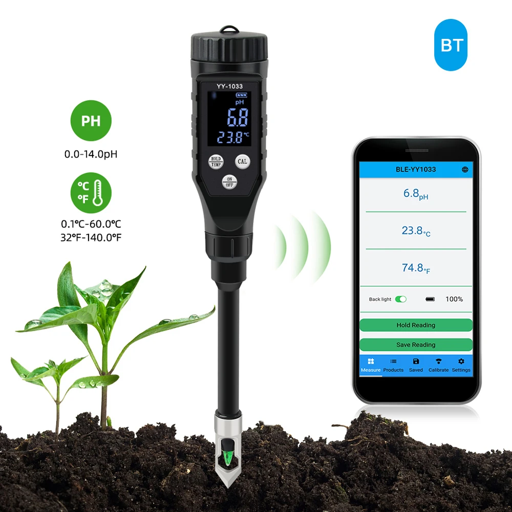 

Smart Soil PH Meter 0.0~14.0pH Bluetooth Soil Tester Data Logger Temp Acidity Analyzer For Hydroponics Planting Garden Farmland