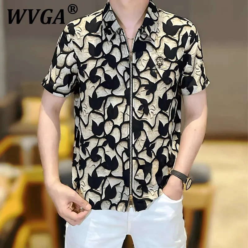 

WVGA Spring Summer New Man High Street Heavy Jacquard Printed Zipper Trendy Short Sleeve Shirt Niche Chic Casual Tops Ins W9793