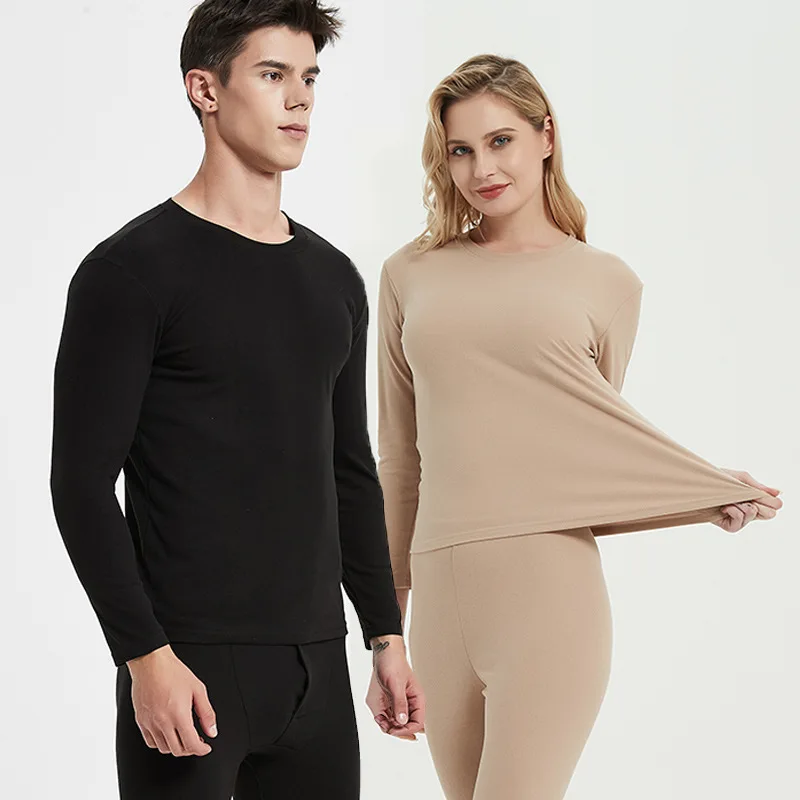 Winter Men Women Thermal Underwear Sets Solid Color O Neck Long Johns Warm Soft Casual Double Faced Velvet Underwear Tops+ Pants