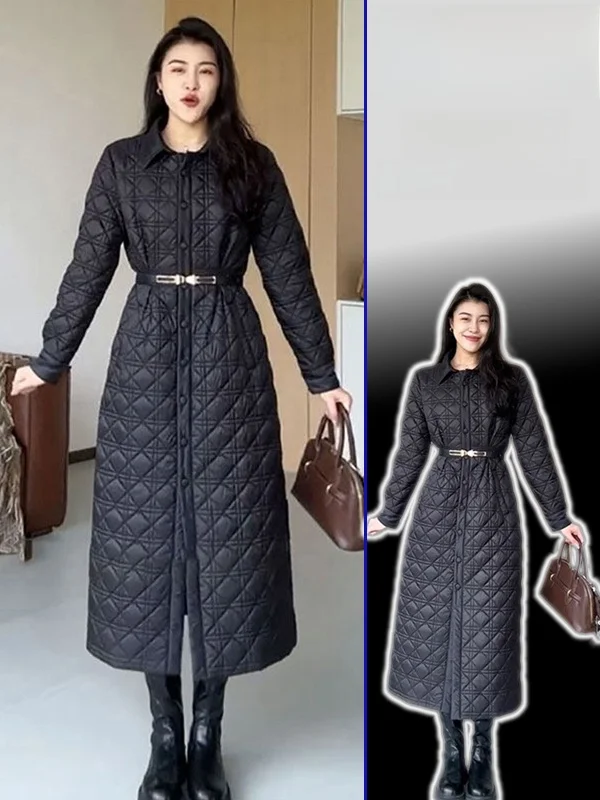 

plus Size Hepburn Sle Long Bla Cotton Jaet Collar Waist Cinched Diamond Patterned Winter Slimming Bread Coat