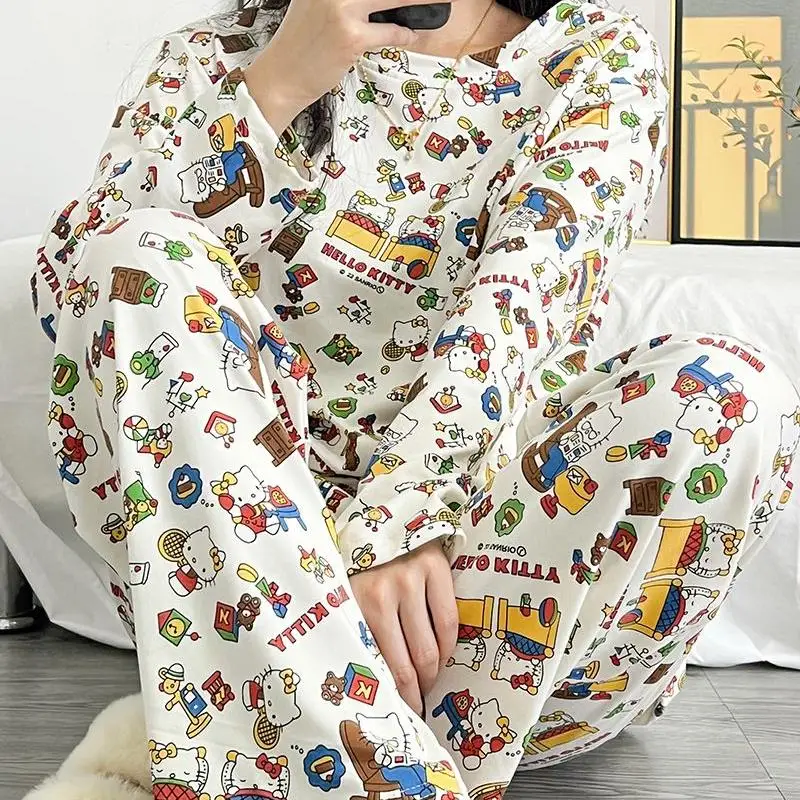 Miniso Girl Round Neck T-Shirt Leisure Time Pajama Set Spring and Autumn Kawaii Hello Kitty Comic Fashion Go Out Leisure Wear