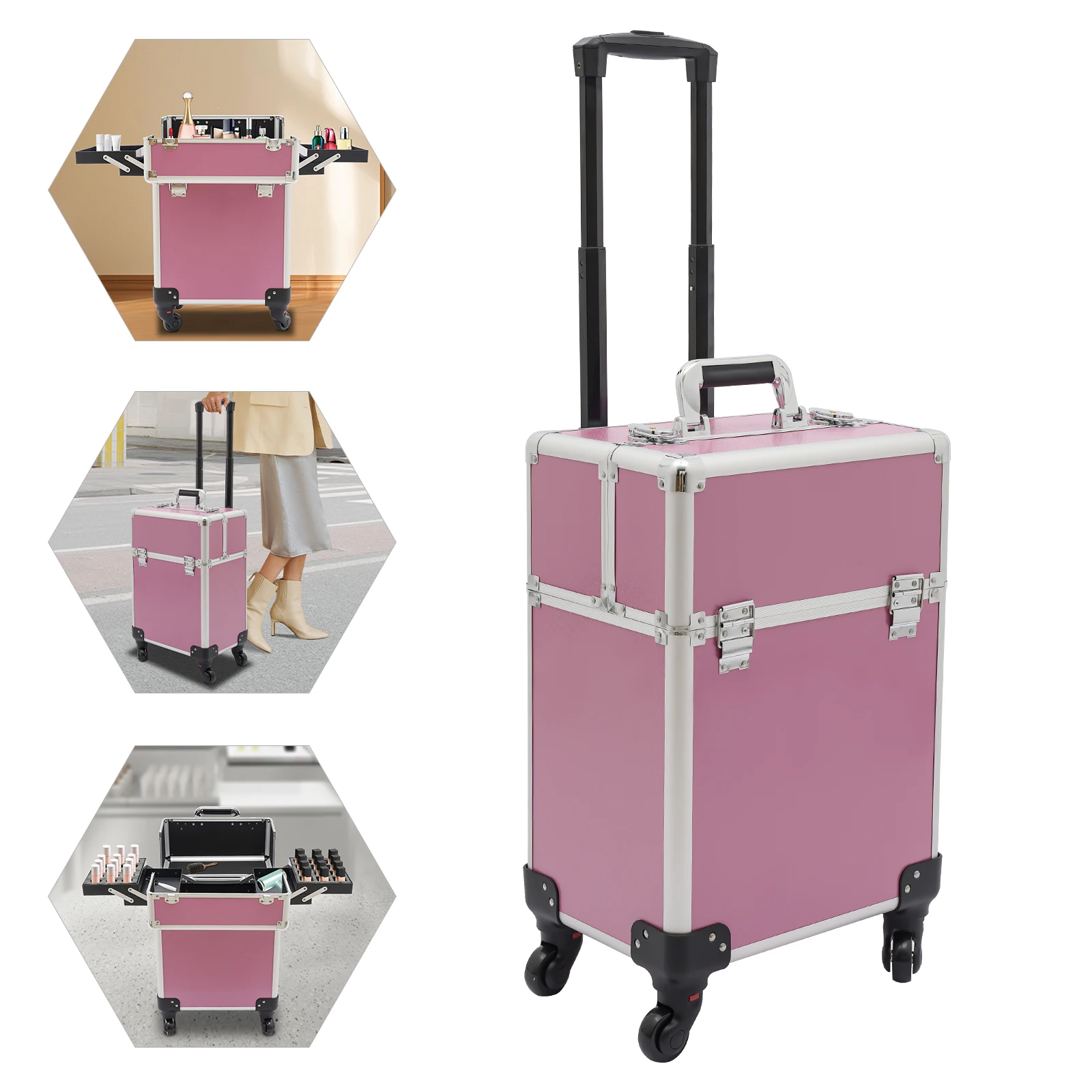 Rolling Makeup Case Aluminium Alloy Cosmetic Case with Locking Latches Portable Travel Makeup Organizer Suitcase Pink