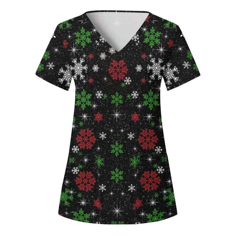 Christmas Cartoon Series Women's Medical ApparelTShirt Dental nurseVShort-sleeved snowman print medical workwear