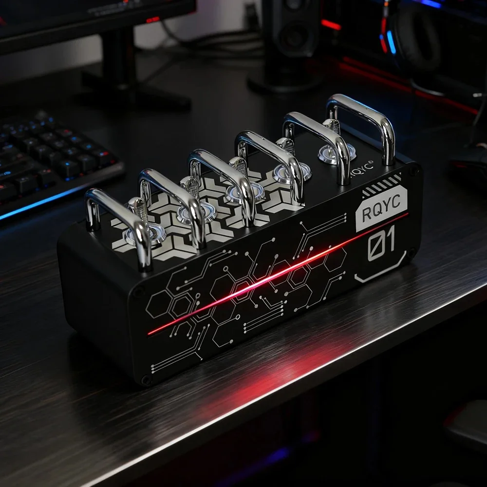 Desktop USB Hub Switch with Ambient Lighting - Metal Body, App Control, Audio Rhythm Light for Gaming Setup & Workspace