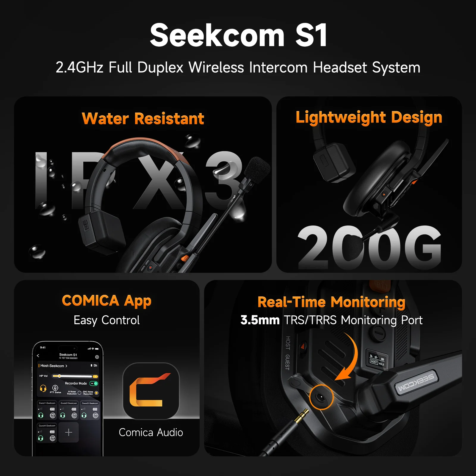 COMICA Seekcom S1 2.4GHz Wireless Intercom Headset System with AI/ENC Denoise, 500M, Talkback Headphones for Group Communication