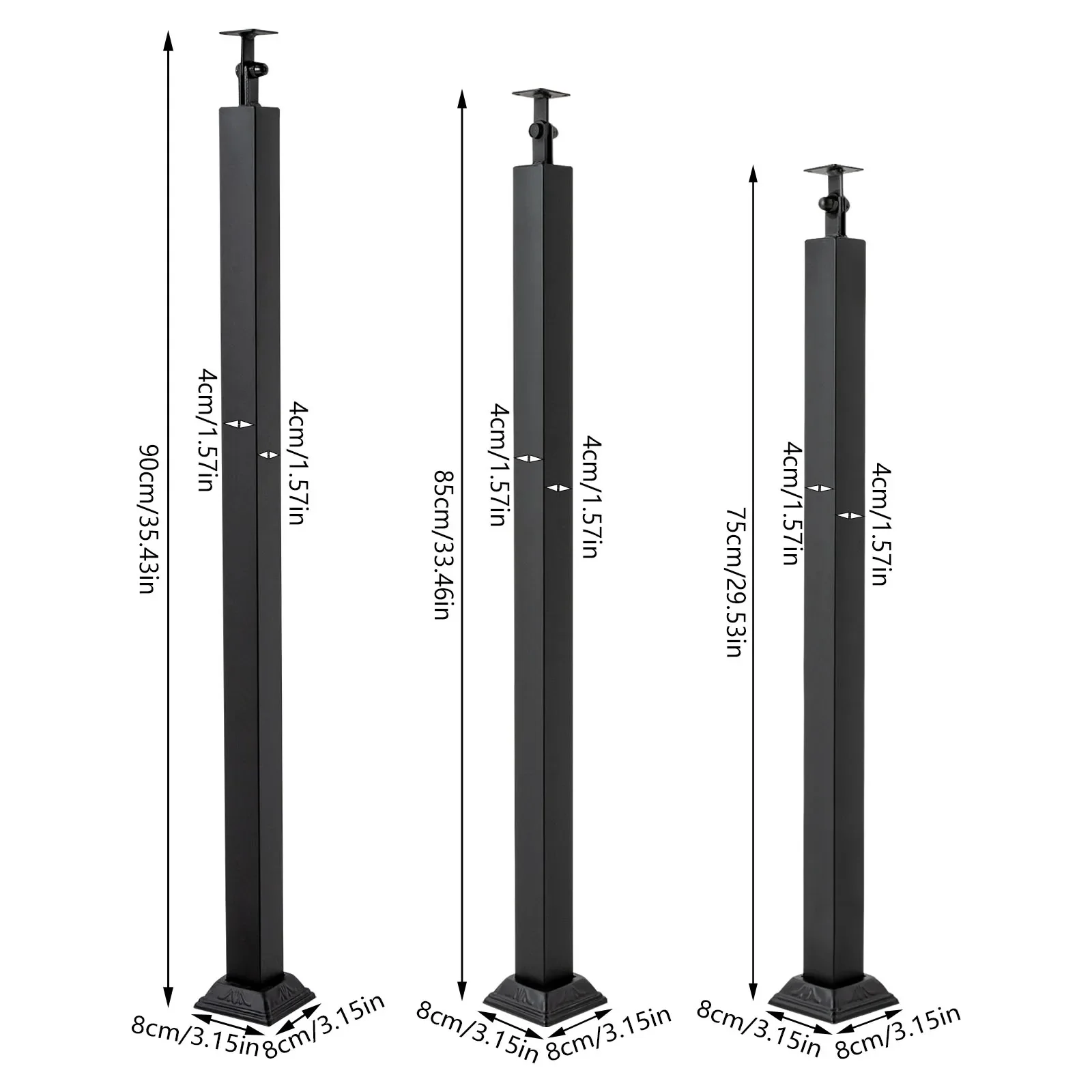 High-Quality Iron Stair Baluster Post: Three Size Options,Anti-Corrosion, Rust-Proof, Adjustable 270° Rotatable Head