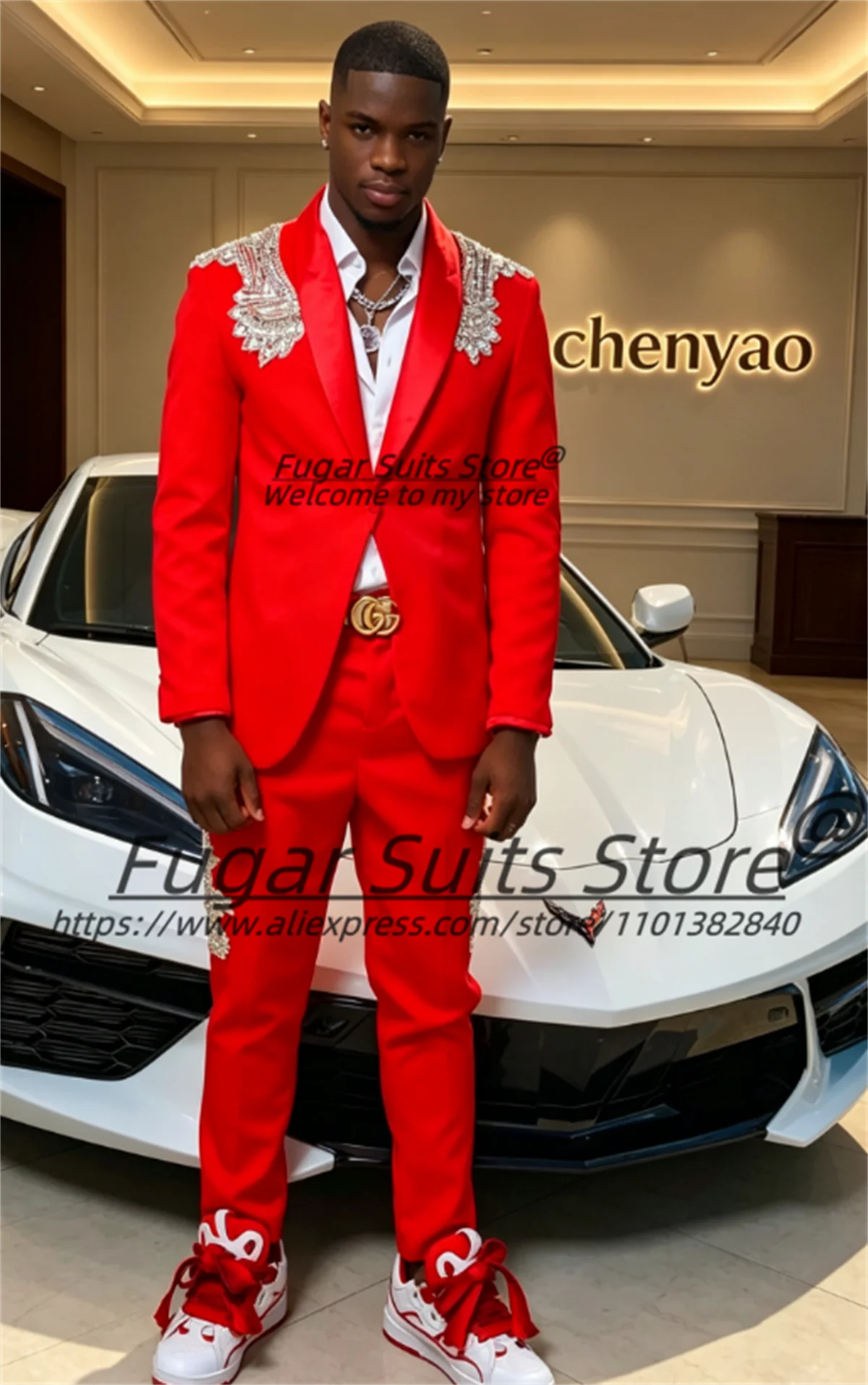 Customized Red Mens Suits Luxury Silver Crystal Rhinestone Shoulder Decoration Groom Wedding Tuxedos2Pcs Sets Formal Ropa Hombre
