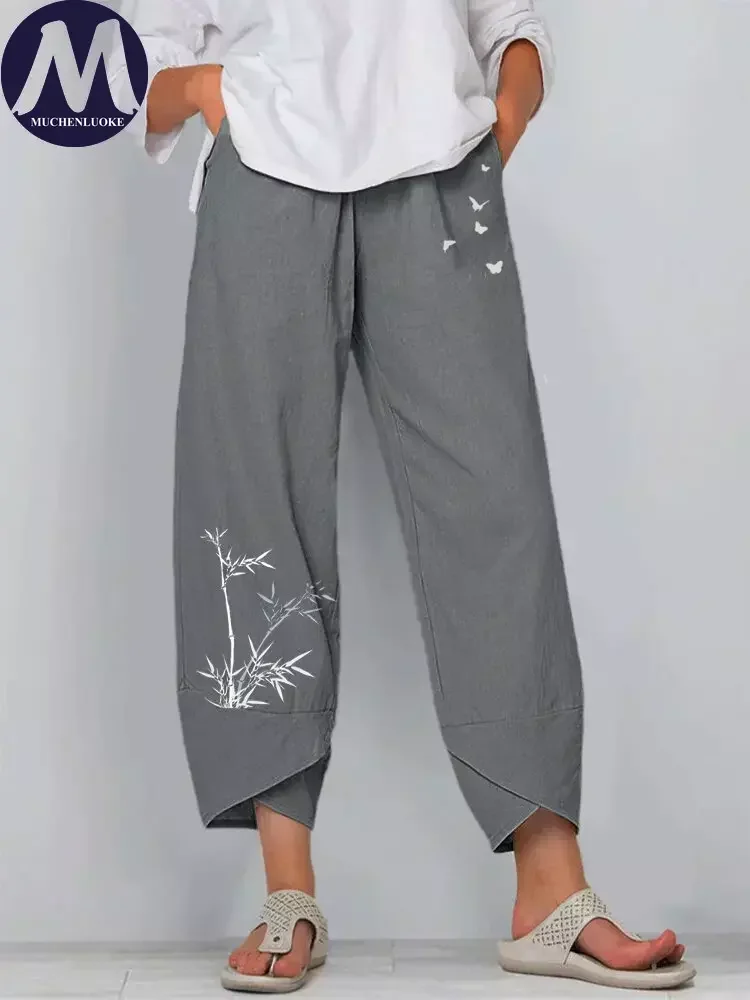 

Elegant Cotton Haren Pants for Women, Elastic Waist, Ankle Length Pants, Korean Fashion, Leisure Loose Pants, Summer, New, 2024