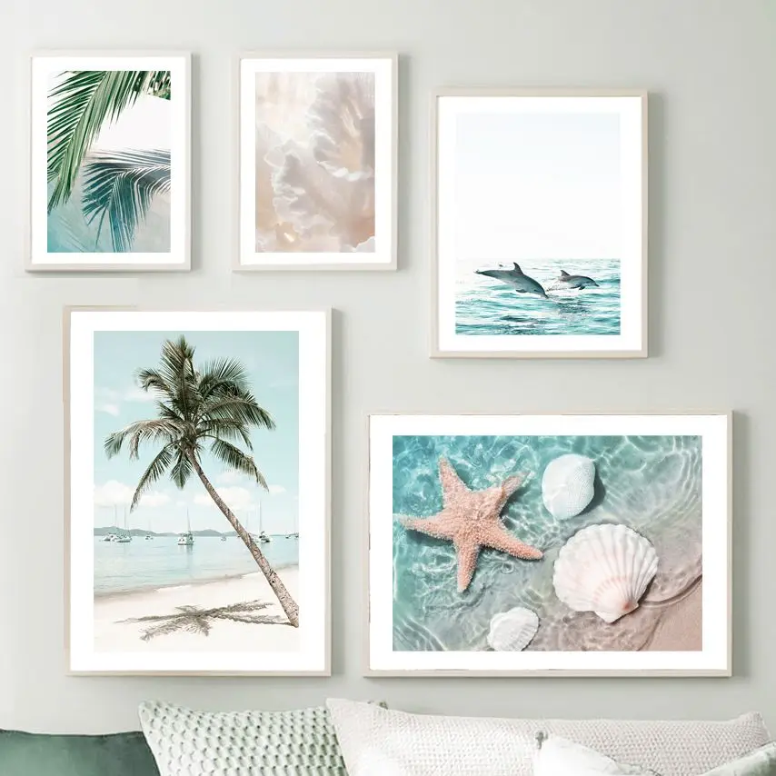 Karibischer Strand, Palmenblatt, Korallen, zwei Delfine, Wandkunst, Wandbild, Reisedruck, Leinwandgemälde, Poster, Dekor, Bilder, Wohnzimmer
