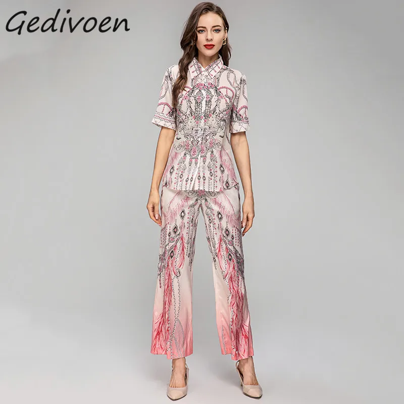 

Gedivoen Fashion Designer Summer Slim Pants Suit Women's Turn-down Collar Button Top+Print Straight Pant Trousers 2 Piece Set