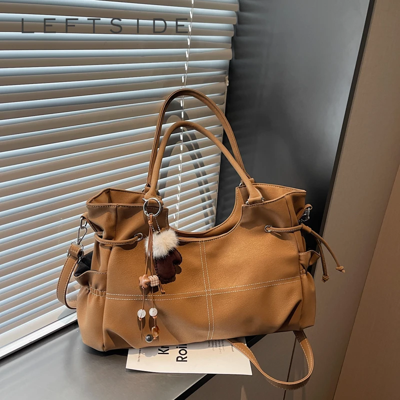 

LEFTSIDE Cute Plush Keychain Tote Bag for Women Pu Leather Purse with Drawstring Charm Shoulder Bag for Daily Use Handbags
