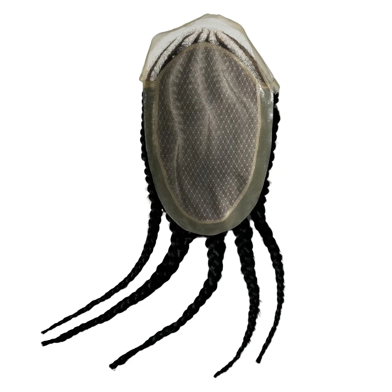 قطع شعر بشري عذراء برازيلية # 1B ضفائر كورنو سوداء اللون الحرير مع قاعدة الدانتيل الأمامي الشعر المستعار 8x10 وحدة الحرير للرجال #2