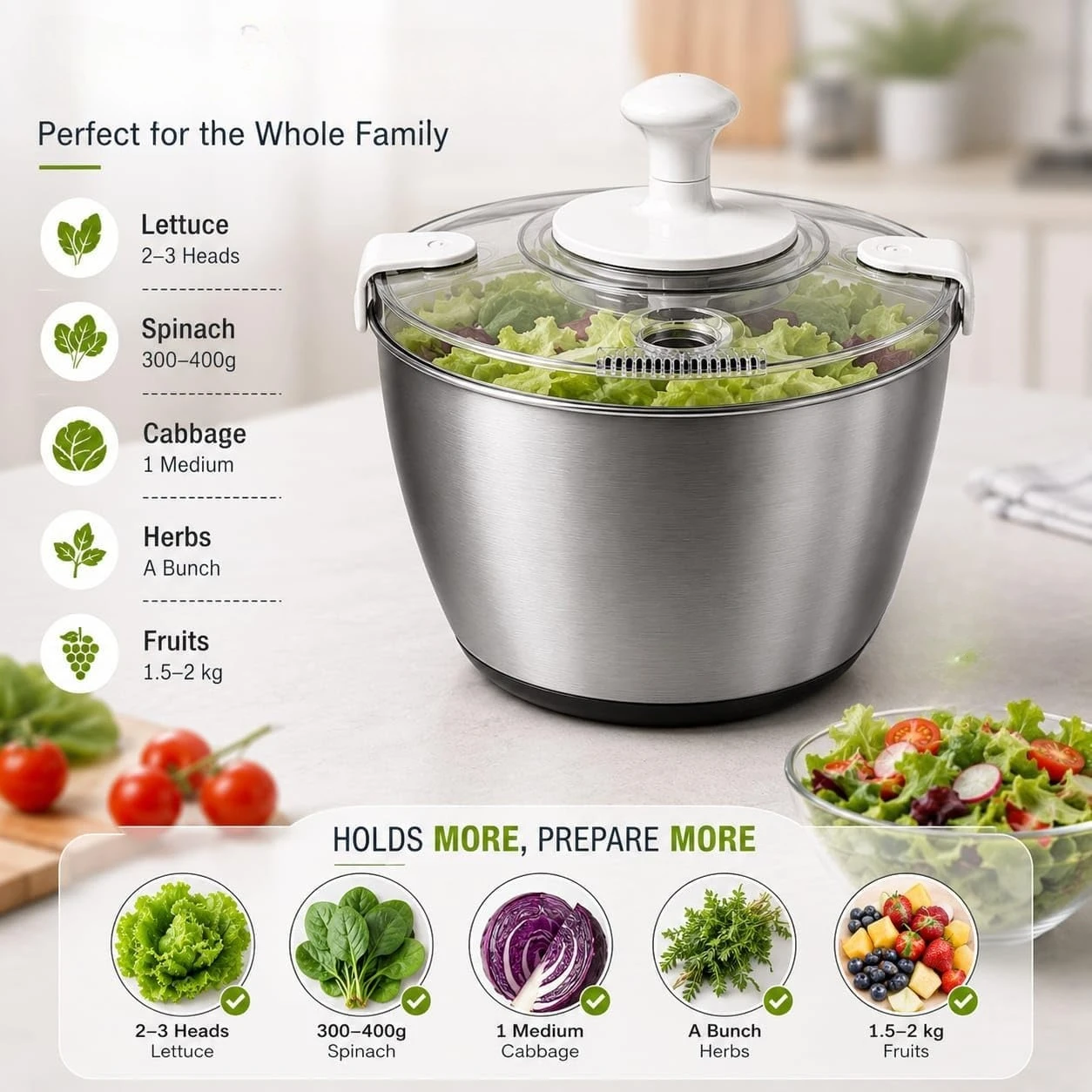 Stainless Steel Salad Spinner Large Capacity 5Qt – Hand Crank Vegetable Washer & Dryer With One-Touch Stop, Drainage Spout