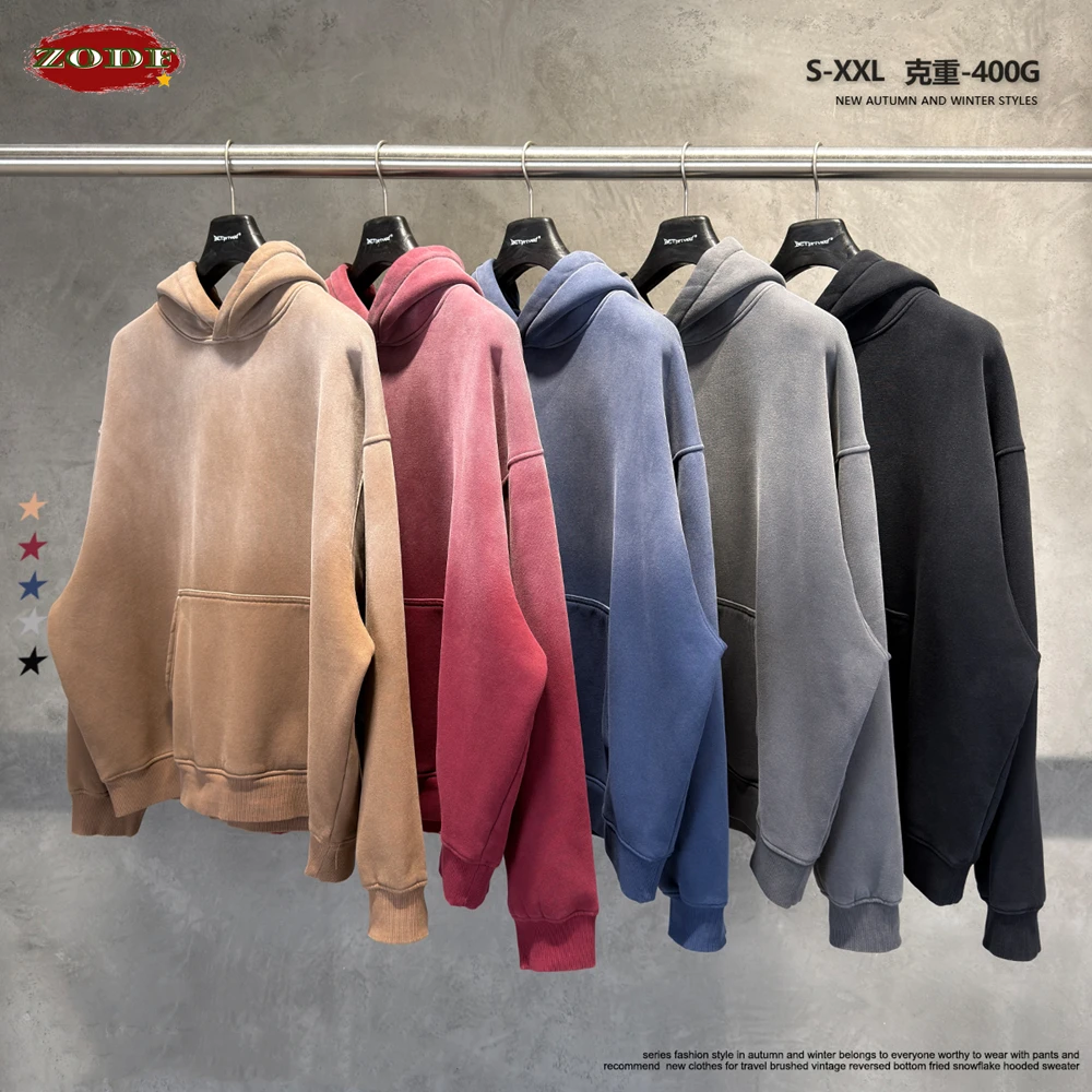 ZODF Retro Monkey Washed Boxyfit 400gsm Fleece Hoodie For Man Unisex Distressed Winter Warm Hooded Pullovers Coat HY1328