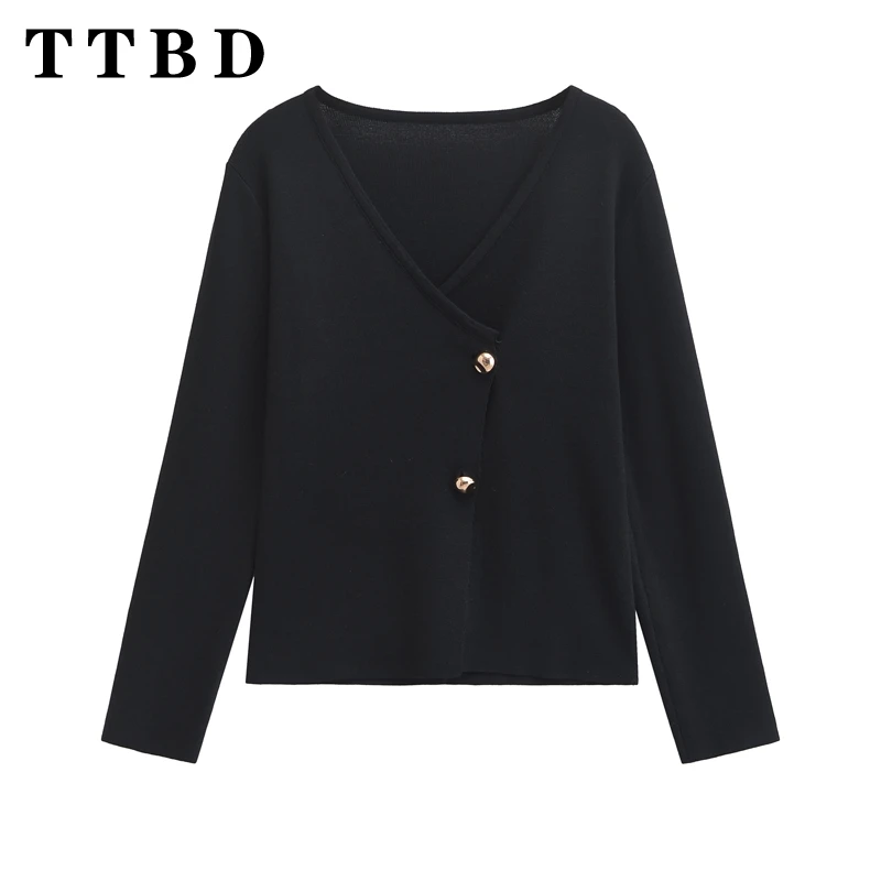 TTBD 2024 Autumn New Ladylike Trendy Long Sleeve Knitted Top Jacket Vintage Woman Two Buttons Coat V-Collar Cardigan Sweater