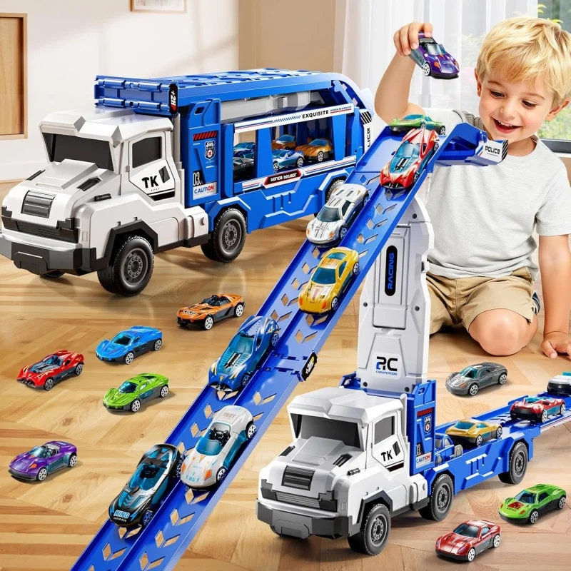 5 in 1 Dual Mode Rail Container Truck Toy Set with 4 Alloy Racing Cars Fun Transport Game for Boys And Girls Puzzle Gift