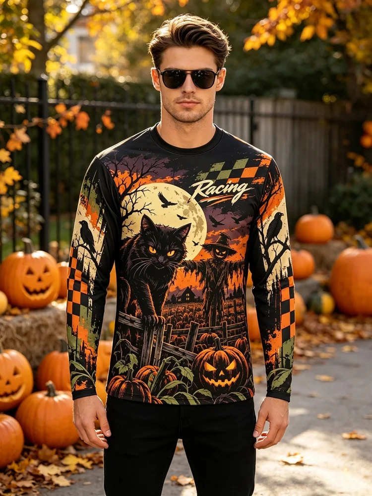 Men's Halloween Black Cat Scarecrow Long Sleeve T-Shirt Racing Pumpkin Moon Raven Checkered Flag Graphic Tee Pullover Tops Gift