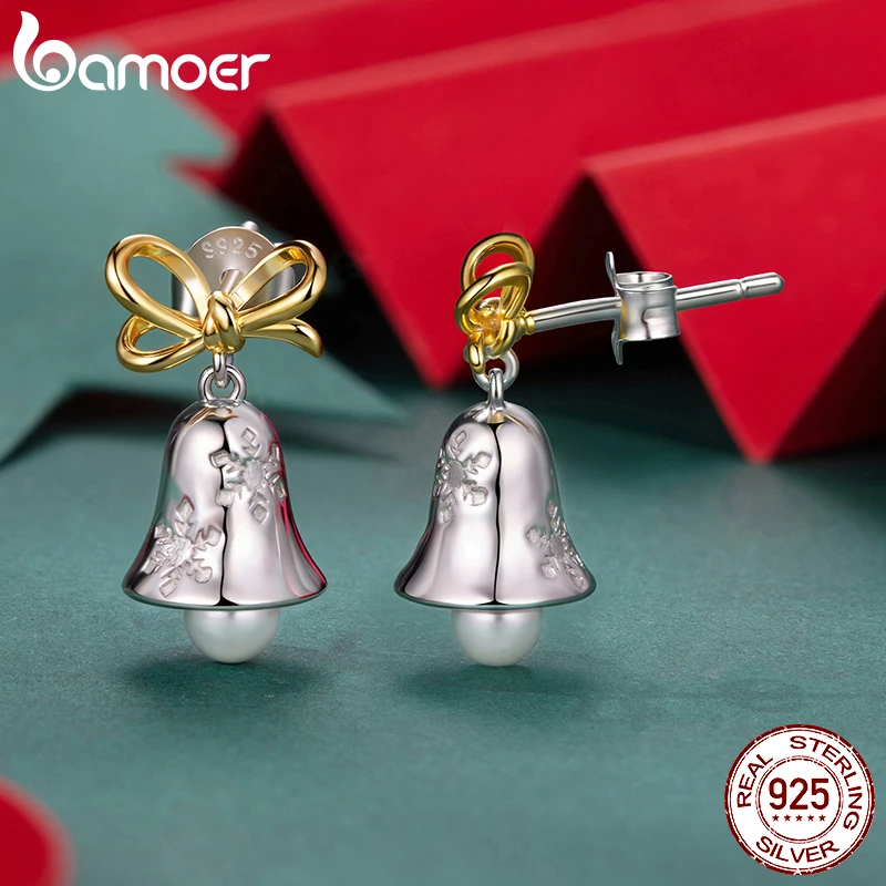 

Bamoer 925 Sterling Silver Christmas Earring for Women Snowflake Bell Stud Earring with Pear Pendant Festival Party Jewelry Gift