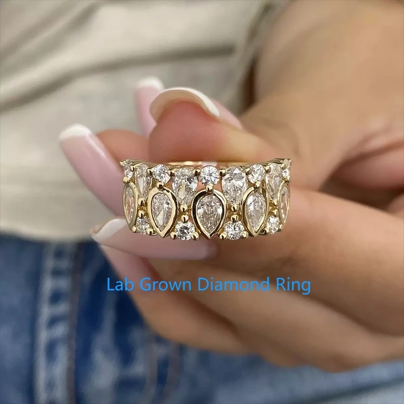 

HPHT Lab Created Diamond Ring Груша и круглая огранка Набор из желтого золота 14 карат 1,58 Ctw DEF VS-VVS Обручальное кольцо с бриллиантом для женщин