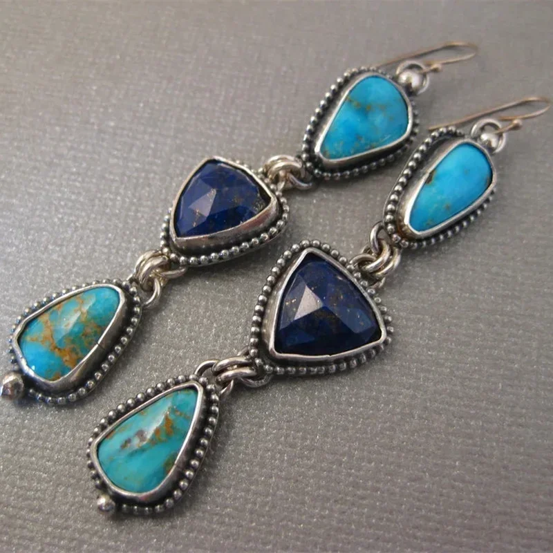Vintage Oxidized Silver Color Turquoise Drop Earrings Women…