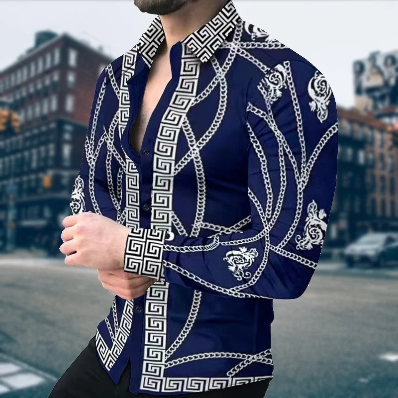 Men's Gold Luxury Printed Long sleeved Shirt Large Casual Cardigan Shirt Family Gathering High Quality New Fashion Shirt