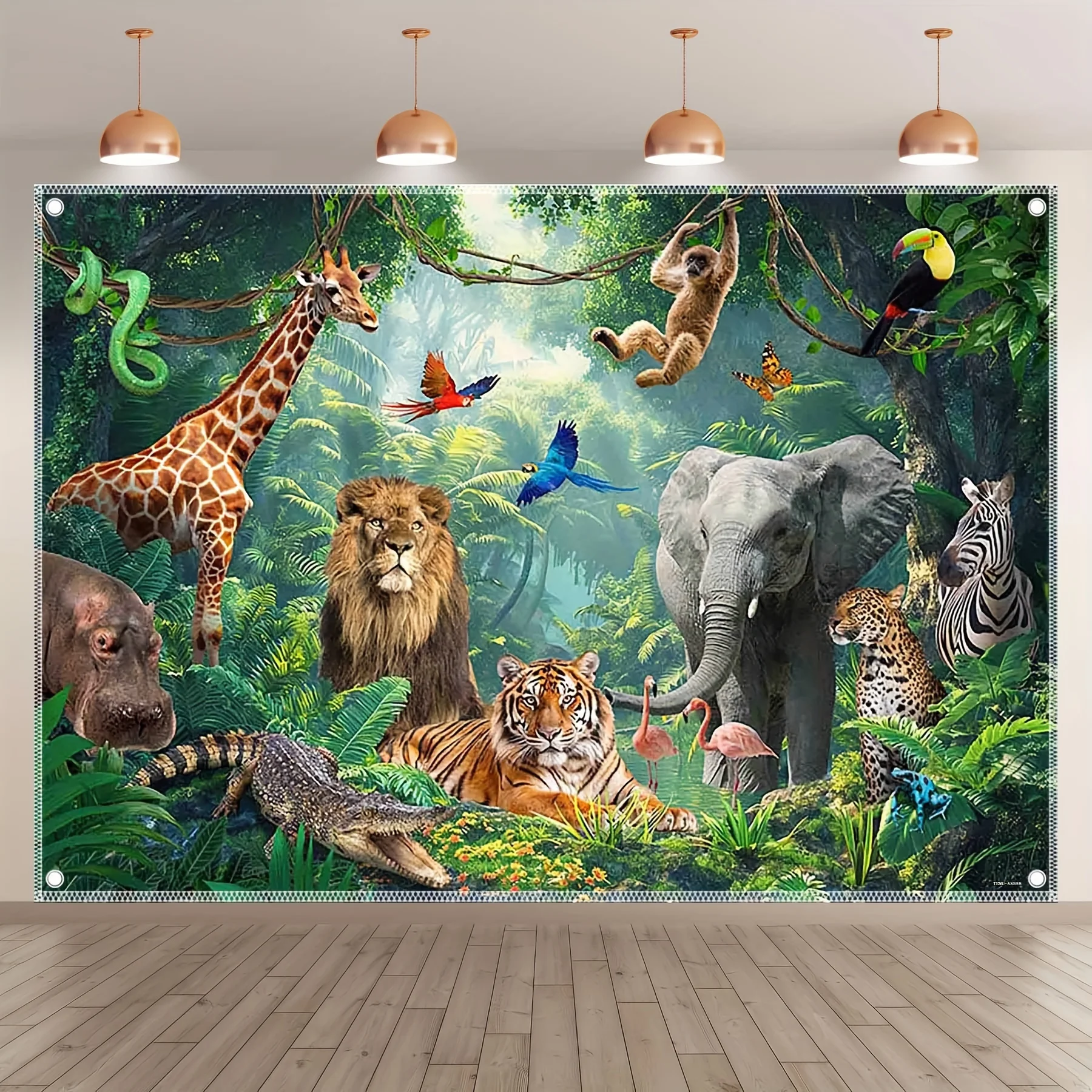 Jungle adventure background: featuring tigers, lions, elephants, giraffes, and zebras - perfect for photography and parties