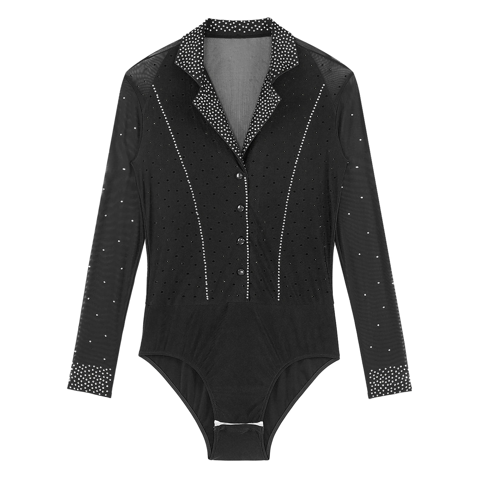 Collant de dança de salão de tango latino masculino manga longa lapela gola pura malha retalhos brilhante strass bodysuit jazz dancewear