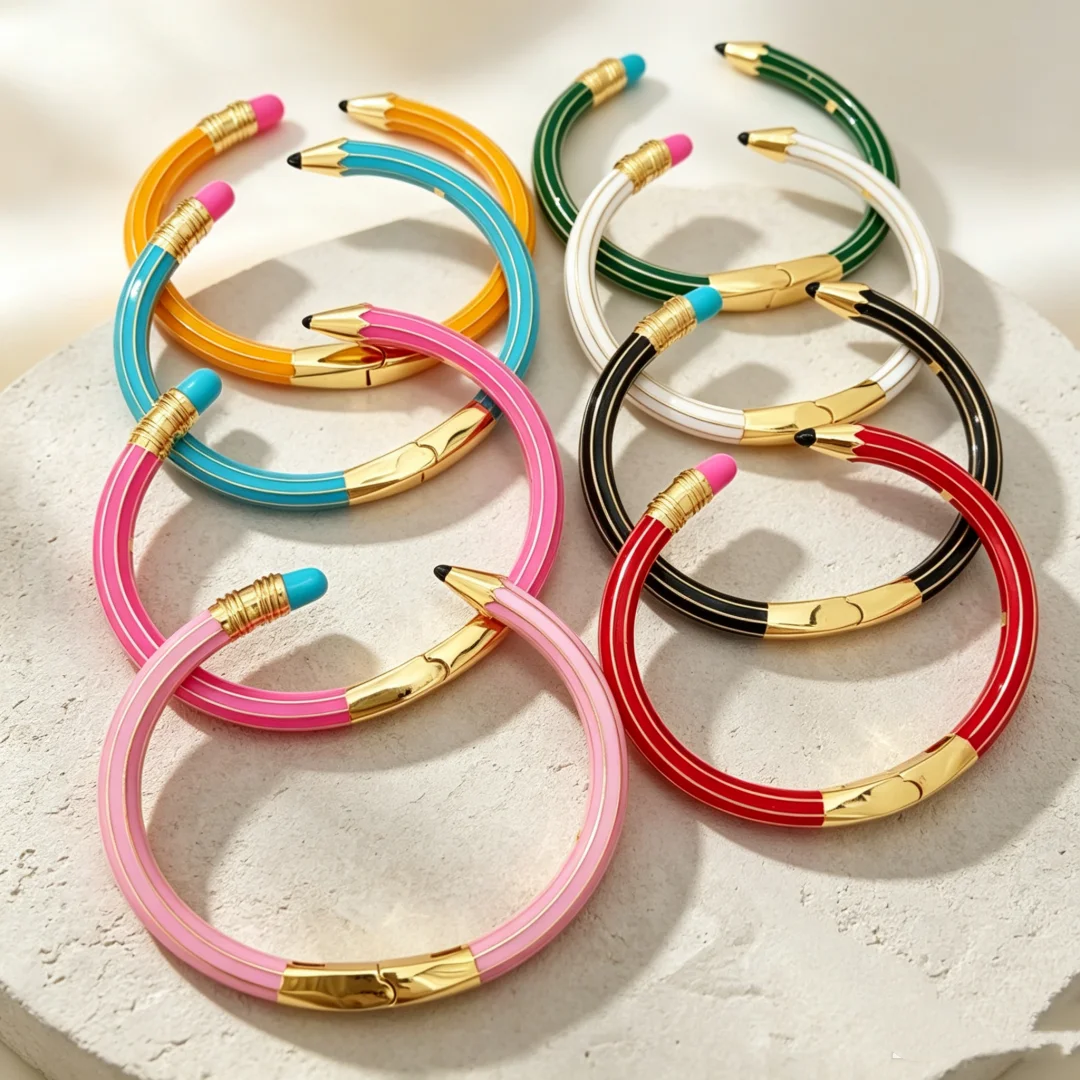 Vibrant Color Enamel Pencil Shaped Bracelet Flexible Spring Hinge C-Shaped Open Cuff Enamel Cuff Bangle Polished Glossy Finish