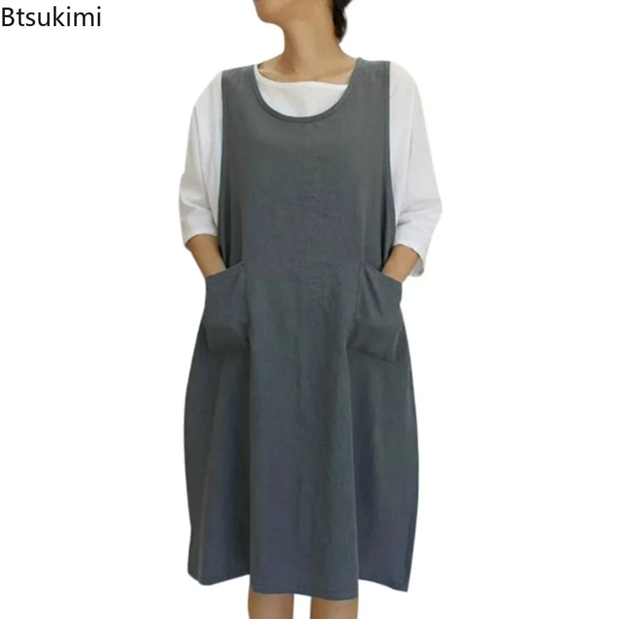 2025 Fashion Vintage Sleeveless Dress for Women Summer Cotton Linen Solid Casual Tank Dress with Pocket Kitchen Apron Robe Femme