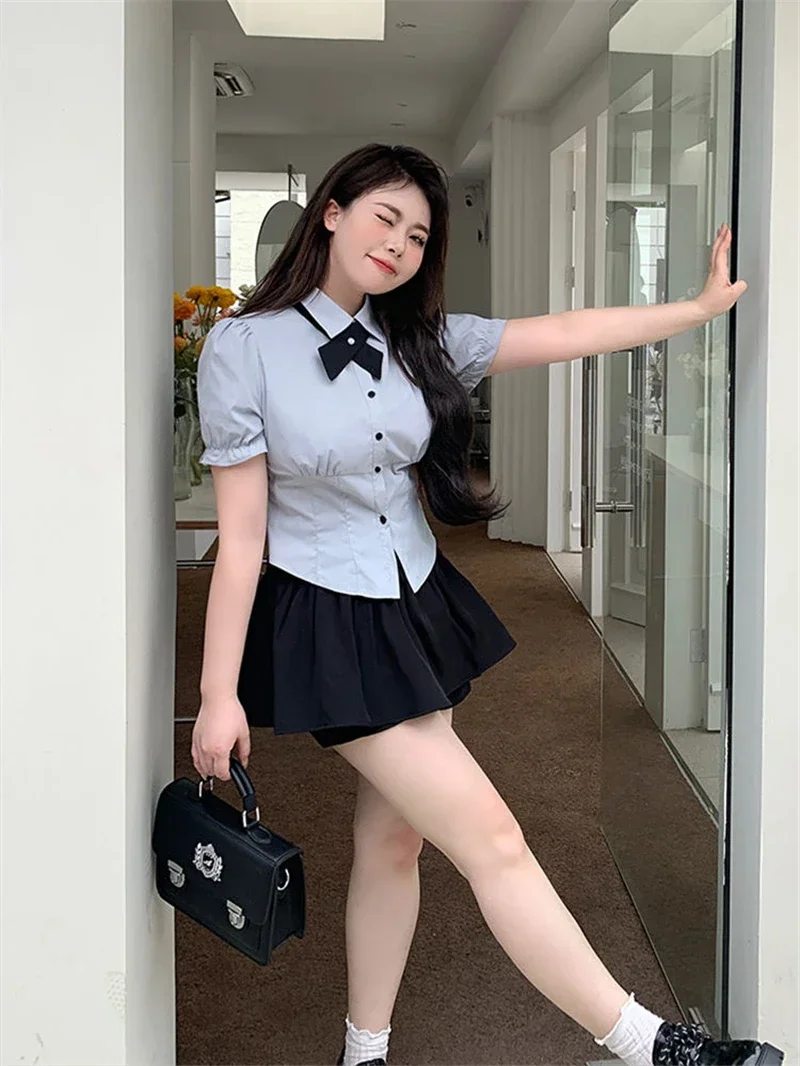 Women Plus Size 4XL JK Uniform Set Two-piece Daily Girls Short Puff Sleeve Shirts Summer Collect Waist Slim Blouse Black Skirt