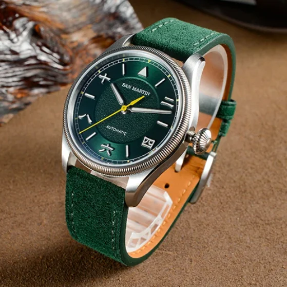 San Martin Men Automatic Watch 39.5mm Mechanical Wristwatch Carved Coin Bezel Sapphire 100M Waterproof YN55 Quick Release Strap