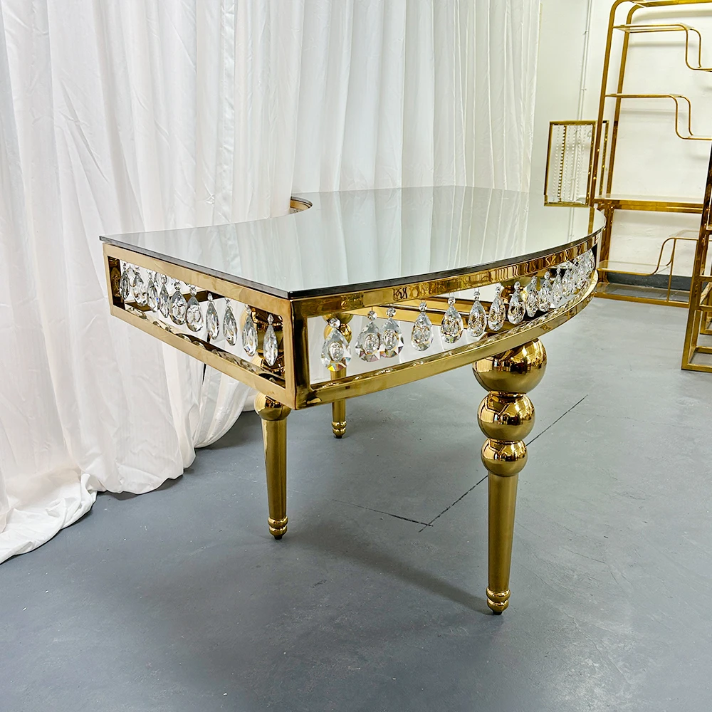 تصميم جديد لحدث الحفلات بإطار من الفولاذ المقاوم للصدأ على شكل نصف قمر طاولة زفاف وكرسي #4