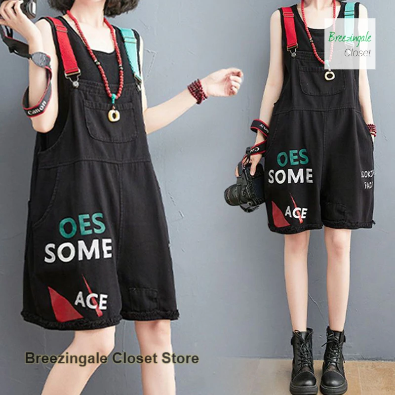 

Korean denim bib women's summer new fashion letter design sense plus size loose wide-leg pants five casual suspenders jeans.