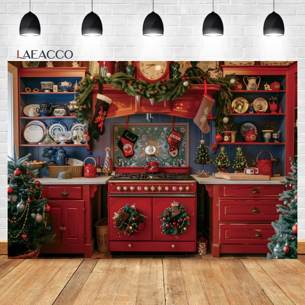 Laeacco Christmas Kitchen Photography Backdrops Retro Wood House Interior Xmas Trees Gift Kid Adult Birthday Portrait Background