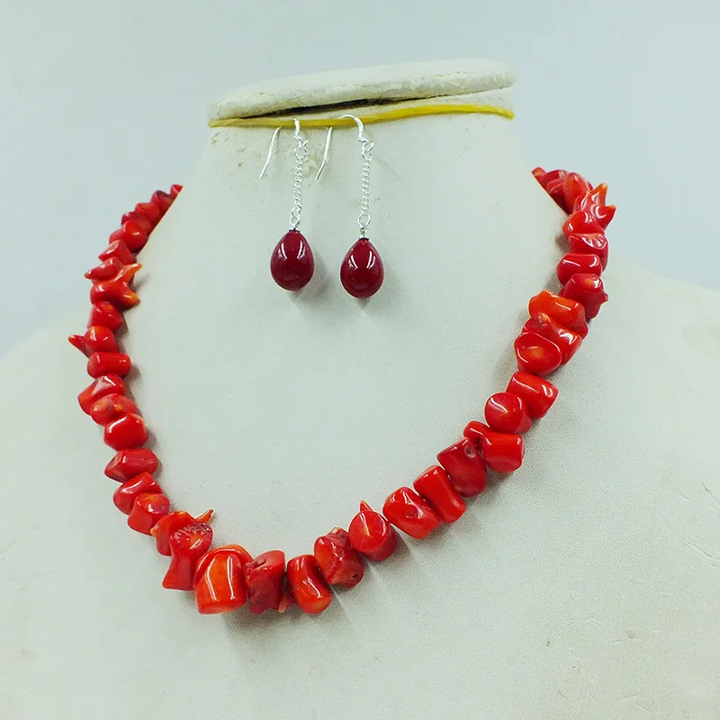 

Classic irregular natural red coral necklace earring set, charming women's fashionable collarbone chain 17”