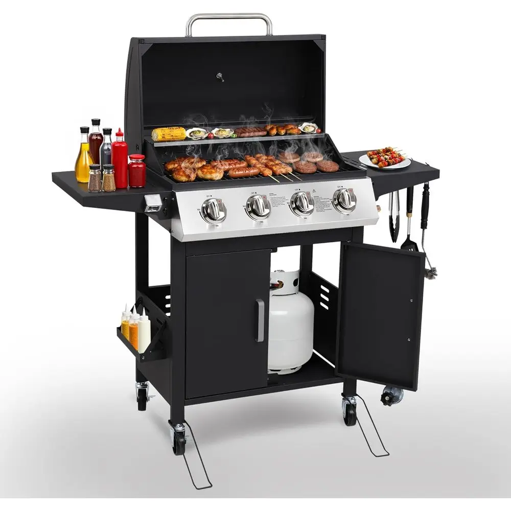 

Portable 40,000 BTU Stainless Steel Propane Grill with Wheels, Foldable Side Shelves & Spice Rack for Outdoor Cooking