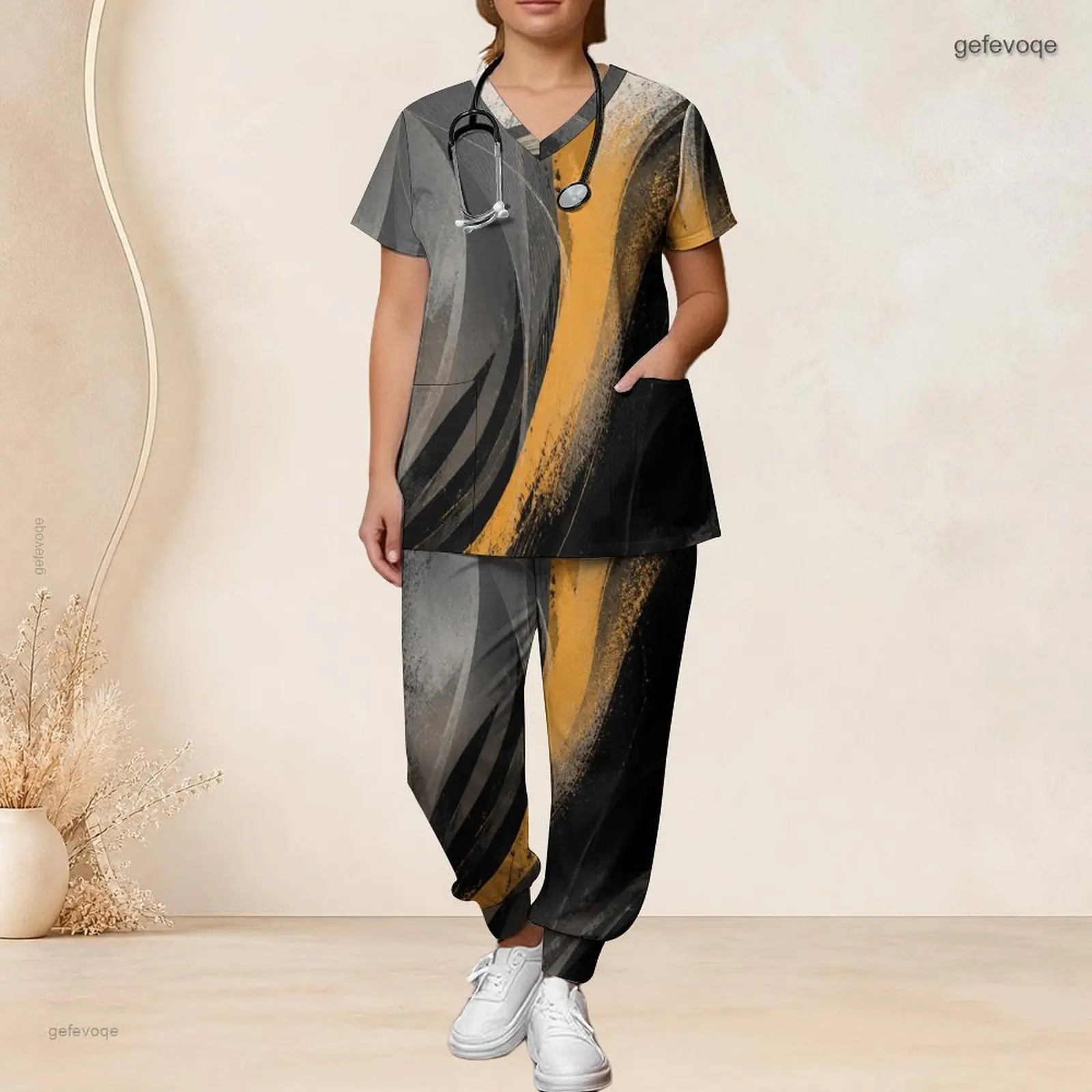 Women Scrub Set with Print V Neck Short Sleeve Pocket Top Long Pants Two Piece