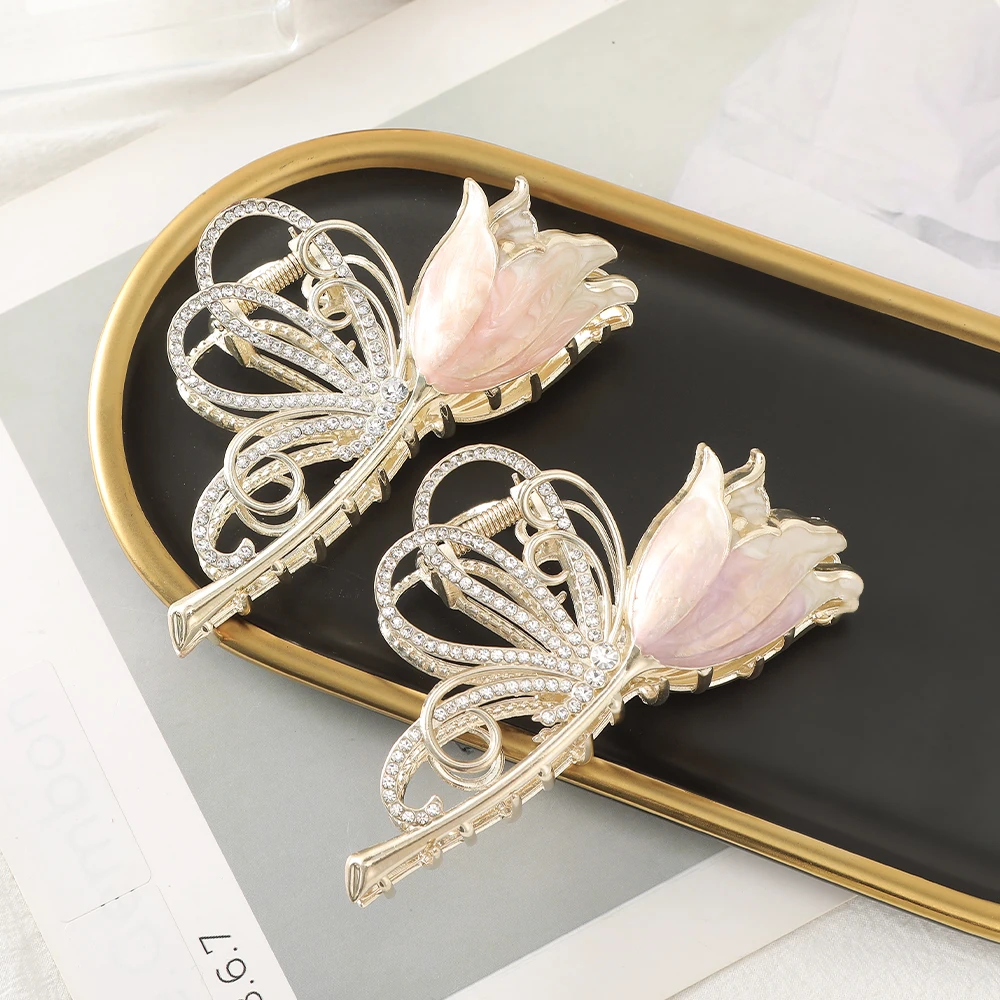 Haimeikang Lacquer Tulip Hair Claw Golden Luxury Headwear Hairpin For Women Sweet Ponytail Crabs Hair Clip Fashion Accessories