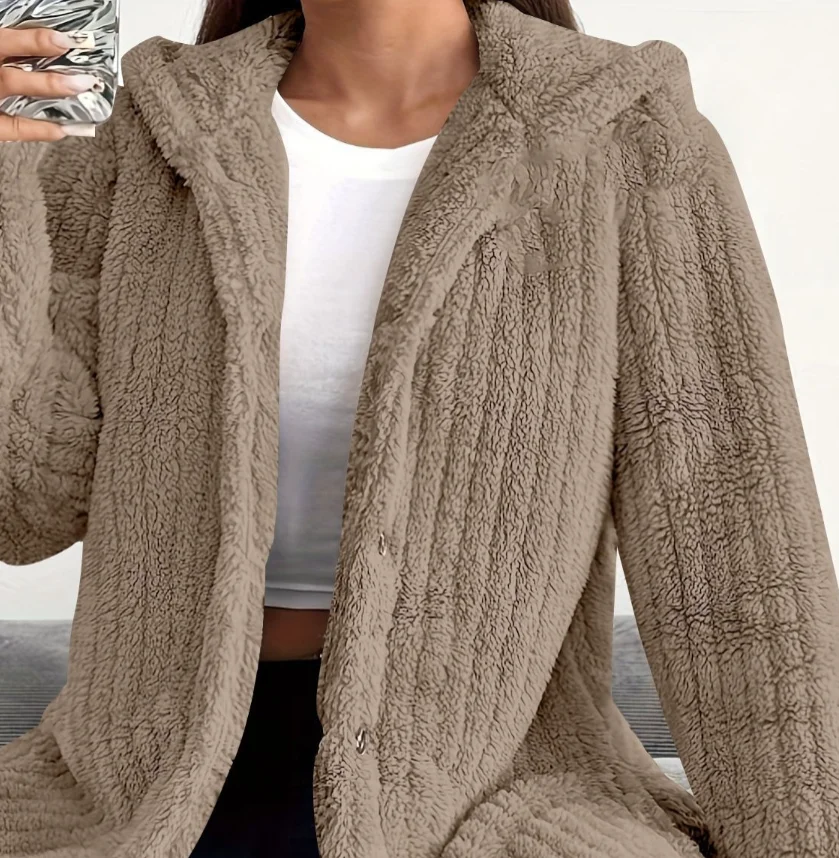 Womens Fleece Jacket 2026 Autumn Winter Oversized Fuzzy Hooded Coat Solid Color Button Down Oversized Plush Jackets For Woman