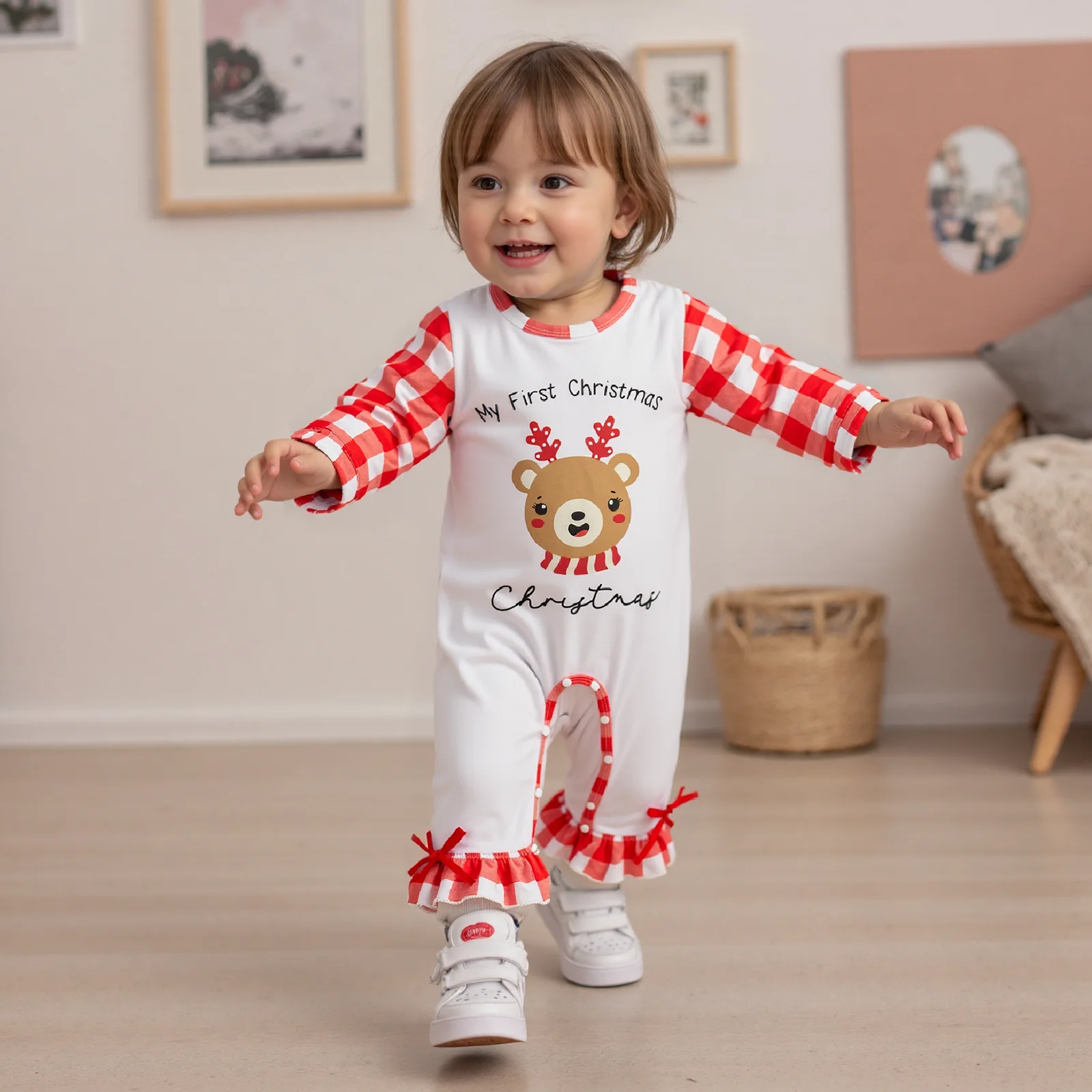 

Baby Clothing Girl Christmas Romper Long Sleeve Round Neck Deer Print Ruffle Jumpsuit Infant Pajamas Xmas Clothes