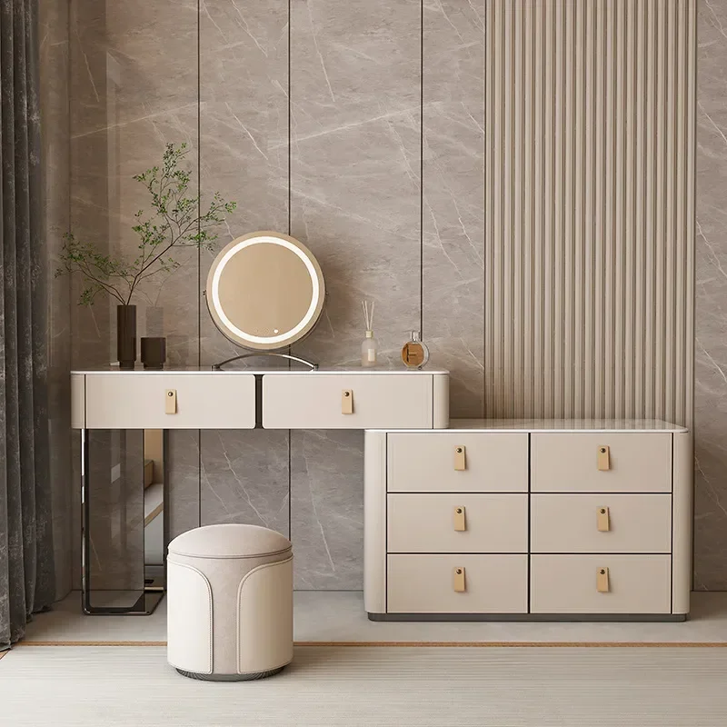Slate Dresser Luxury Makeup Table Saddle Leather Bedroom Bedside Cabinet Solid Wood Storage Vanity Desk