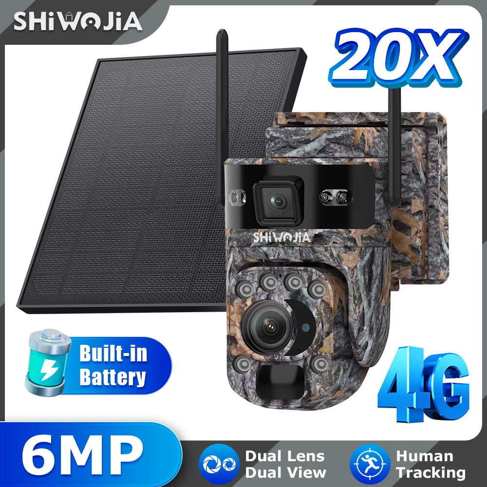 

SHIWOJIA 20X ZOOM 6MP 4G Sim Солнечная камера для улицы 360 ° Беспроводная Wi-Fi аккумуляторная камера безопасности Solar PIR Камуфляж ночного видения