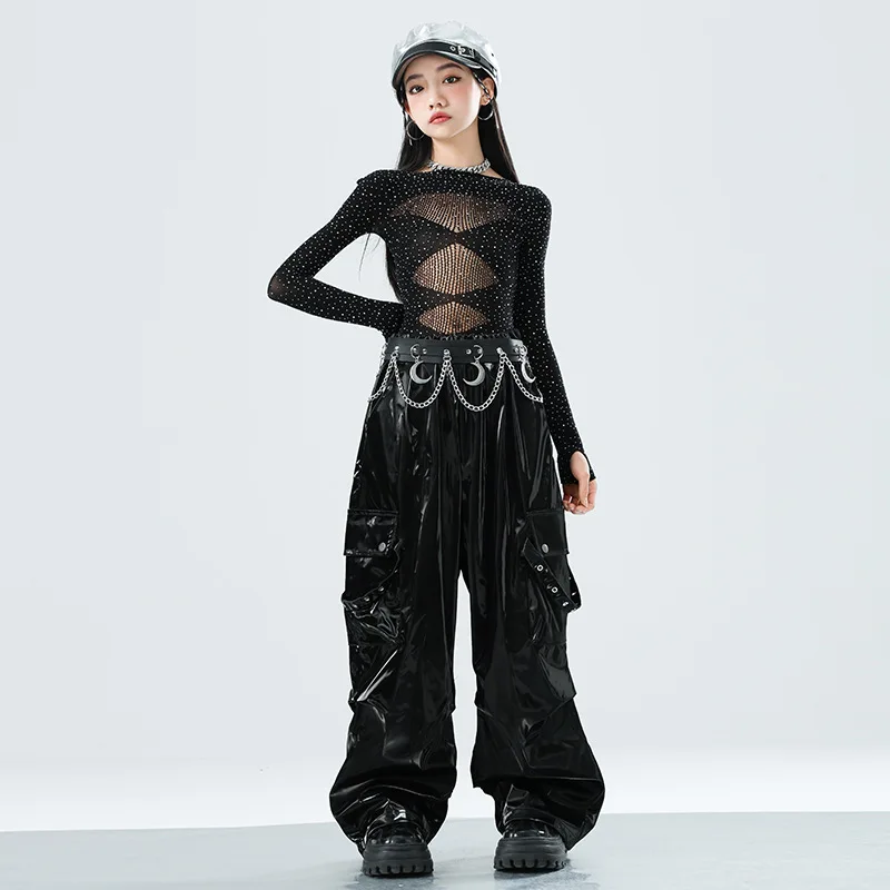 ชุดเต้นแจ๊สเคป๊อปสำหรับเด็ก ชุดเสื้อตาข่ายประดับเพชรสำหรับเด็กผู้หญิง กางเกงหนังสีดำ ชุดแสดงบนเวทีคอนเสิร์ต ชุดแสดงบนเวที