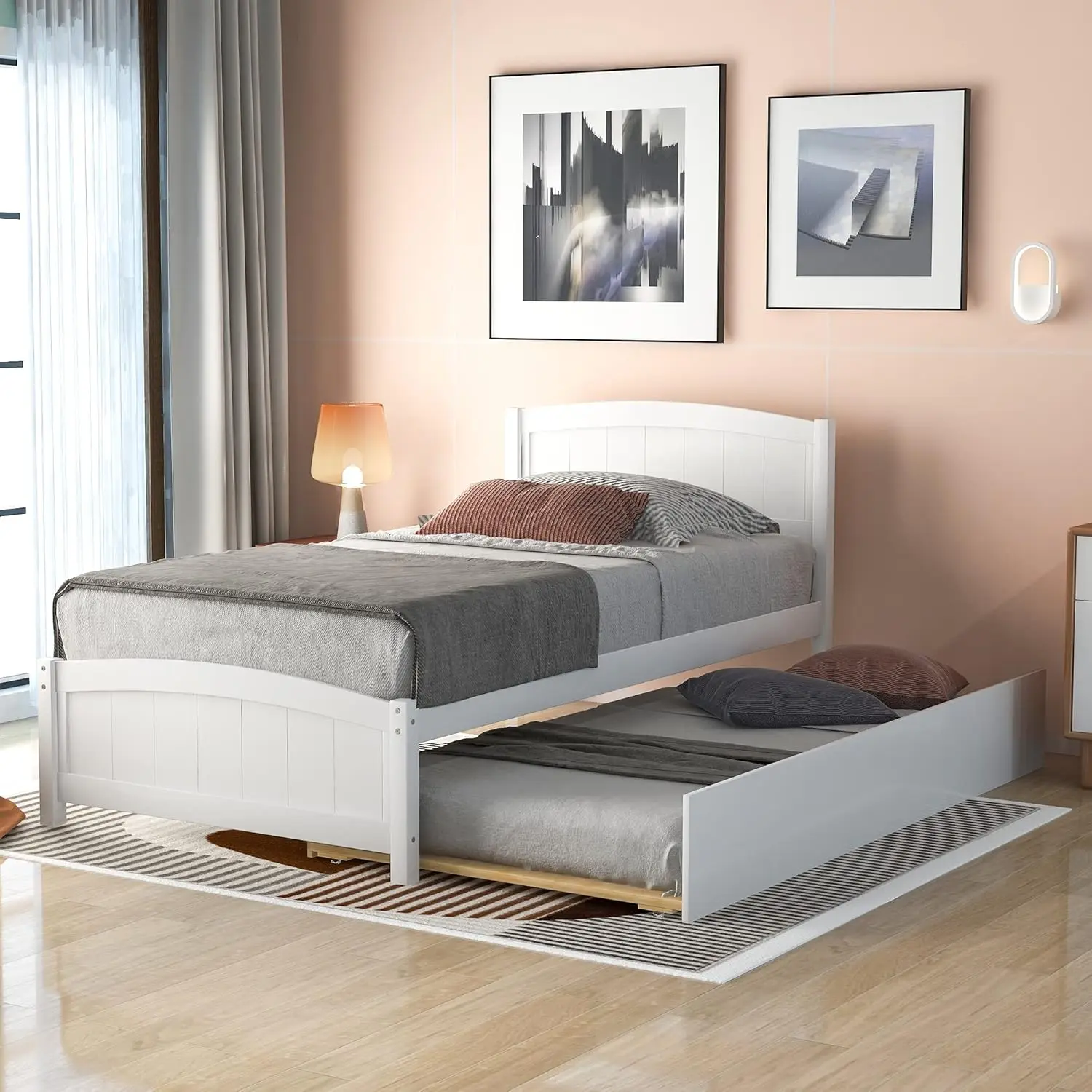 Twin Platform Bed with Trundle, Minimalistic Stylish Wood Bed Frame Easy to Install White It gives any room a spark of style